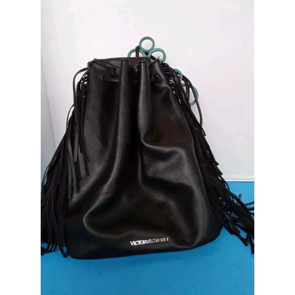 Victoria's Secret Black Faux‎ Leather Drawstring Bucket Bag with Fringe Detail